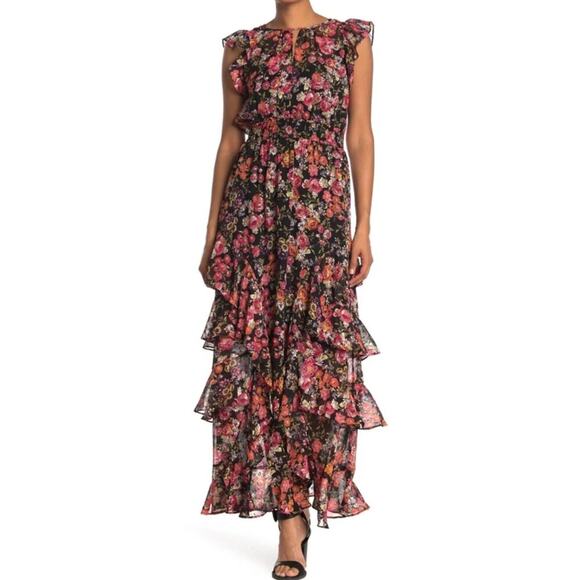 Rachel Roy Women's Issa Chiffon Black Floral Print Tiered Ruffle Maxi Dress 14 - Picture 1 of 13